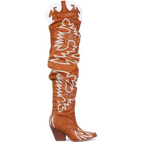 Women Tan Fabric Thigh High Over The Knee Pointed Toe Chunky Heel Fashion Boot - Picture 1 of 6